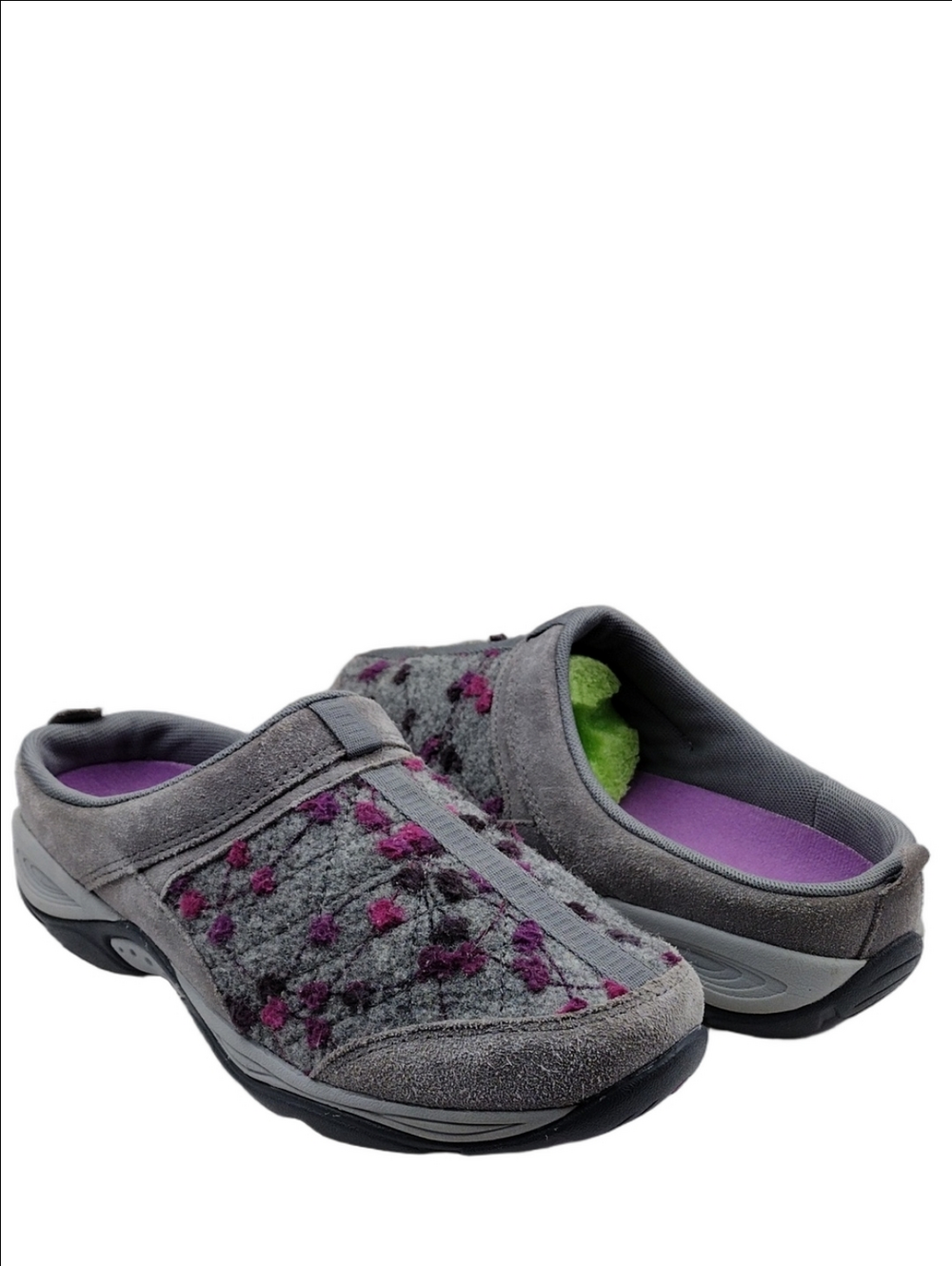 Easy Spirit Explore24 Eseztime Traveltime Grey Wool Suede Embroidery Floral Mule